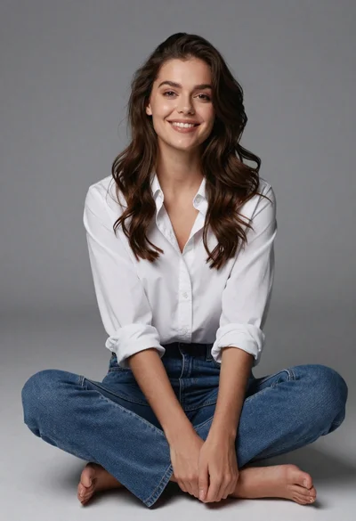 Studio portrait of young woman with brown hair against gray background