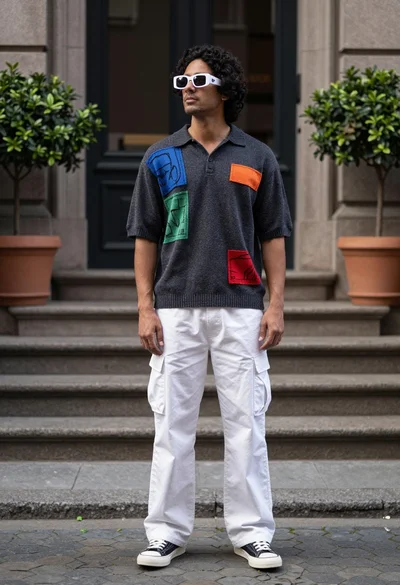Man in polo shirt and cargo pants on cobblestone path near building