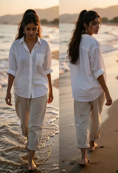 Young woman walking barefoot on sandy beach at sunset triptych view