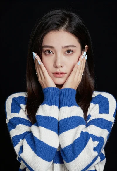 Portrait of young woman in striped sweater against dark background