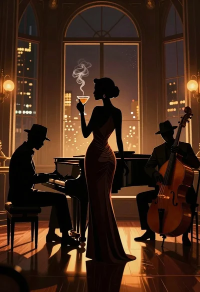 Jazz club scene with silhouetted musicians and woman