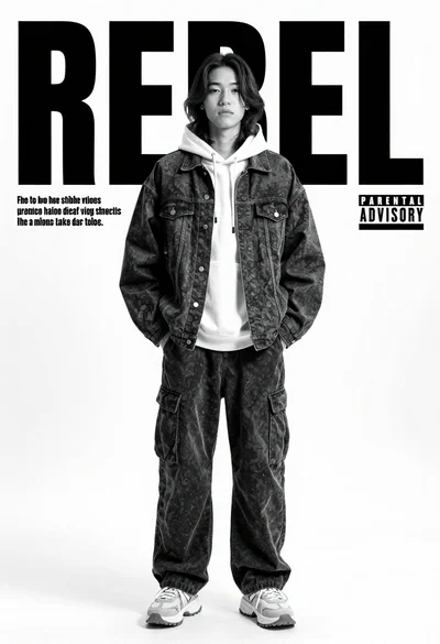 Full body shot of young person in denim jacket studio setting