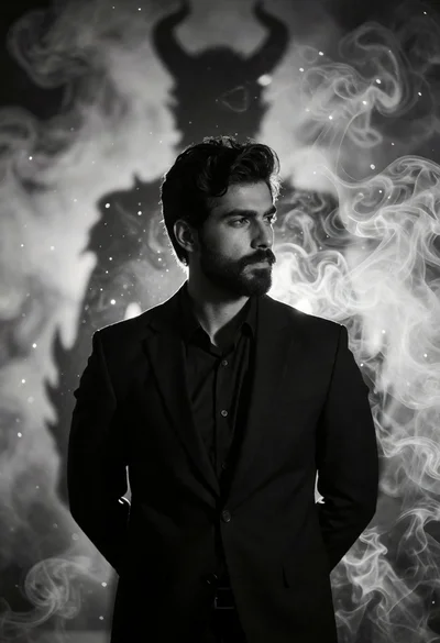 Man in black suit gazing thoughtfully before shadowy demon silhouette in mist