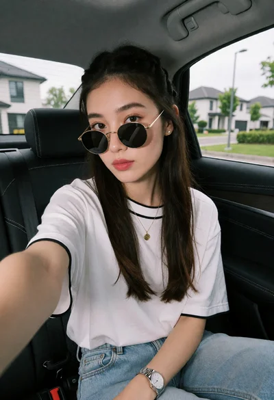 Young woman taking a selfie in car seat with suburban background view