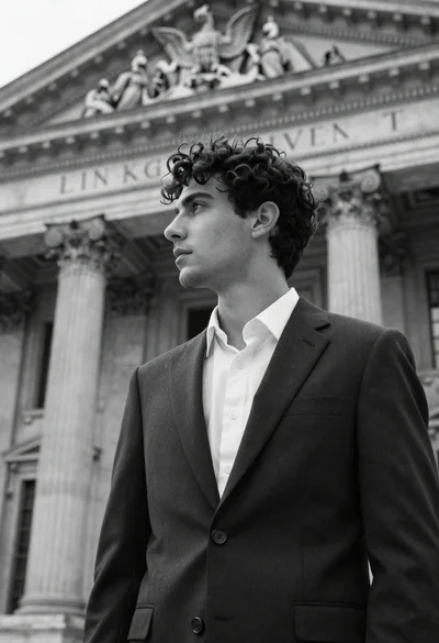 Young man in dark suit standing before classical architecture facade