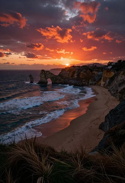 Dramatic coastal landscape at sunset with sea arch and rolling waves