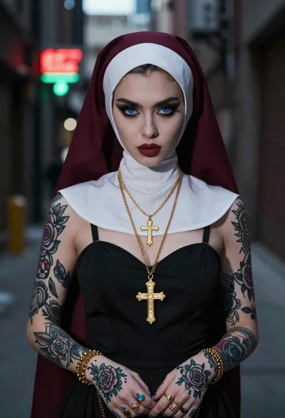 Edgy nun portrait in dark urban alleyway
