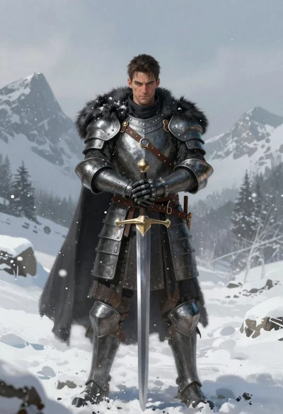 Knight in black cloak standing in deep snow