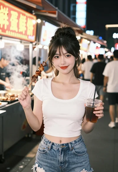 Young east asian woman smiling at night market with grilled meat and
