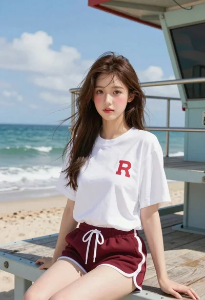 Young woman sitting on lifeguard tower by turquoise ocean