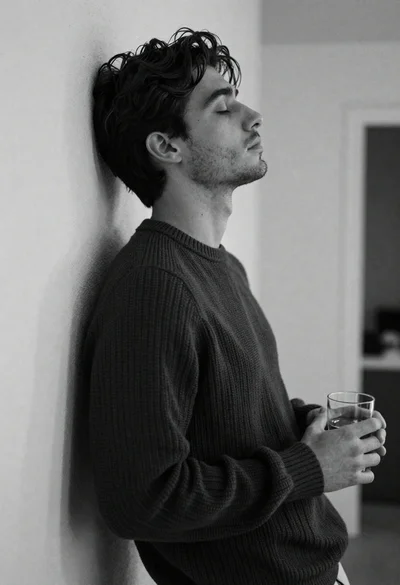 Black and white portrait of young man in knit sweater leaning against