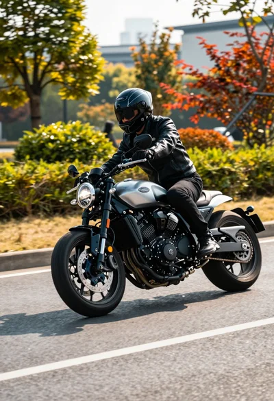 Motorcyclist in black leather gear riding sleek bike on paved road