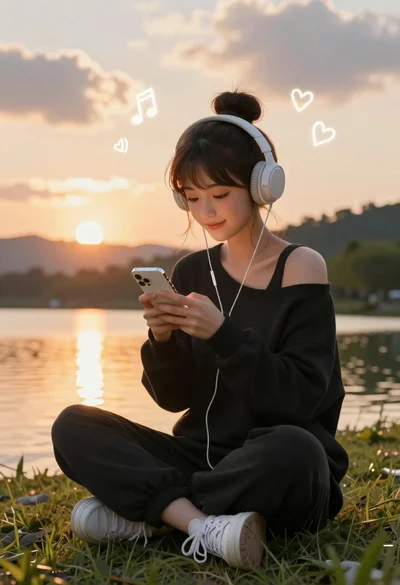 Young woman in black sweatshirt sitting on grass by lake at sunset