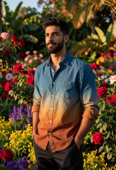 Young man in blue to orange gradient shirt standing in lush garden