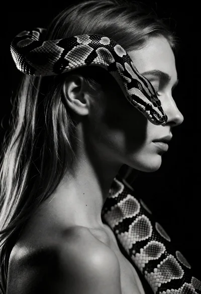 High contrast black and white portrait of woman with coiled patterned snake