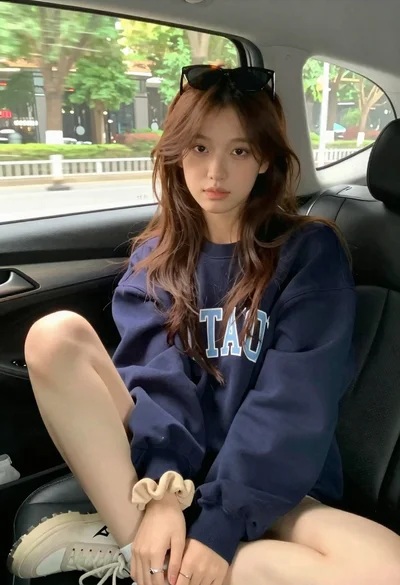 Young woman with brown hair sitting inside car looking at camera