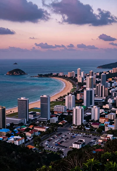 Aerial view of coastal city beach under dramatic twilight sky