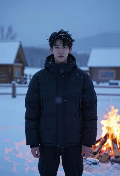 Young man in black jacket standing in snowy landscape at twilight