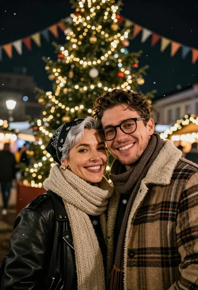 Happy young couple taking a selfie in front of a large christmas