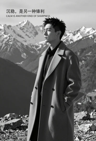 Black and white portrait of asian man in overcoat against snow capped