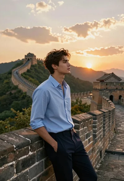 Handsome young man leaning on great wall overlooking green mountains at sunset
