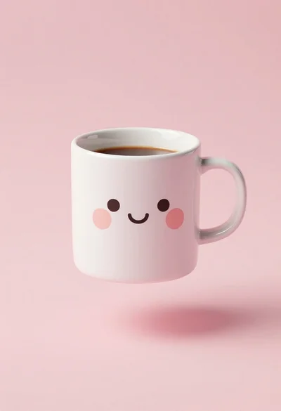 White ceramic mug with cute face floating in midair against soft pink