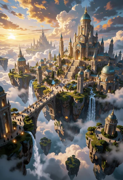Majestic fantasy city on floating islands under golden sunlight