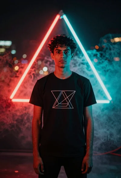 Young man in black tshirt against glowing red cyan neon frame