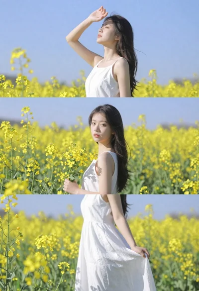 Woman in white dress standing in a field of yellow flowers