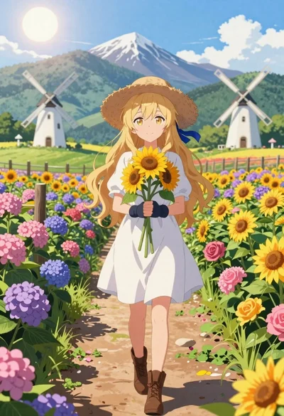 Anime girl in flower field with windmills and mountains