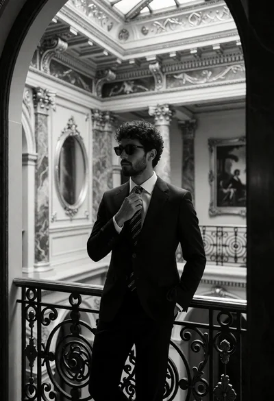 Man in dark suit on ornate balcony within grand classical interior hall