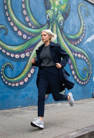 Young woman with platinum blonde hair running on city sidewalk past blue
