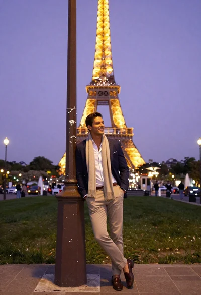 Stylish man posing before eiffel tower at paris twilight