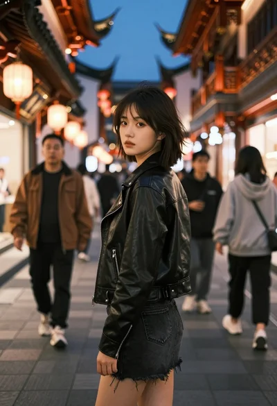 East asian woman in black leather jacket on bustling chinese street at