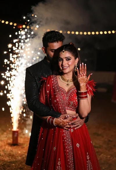 Smiling woman in red gown and man embracing at night fireworks