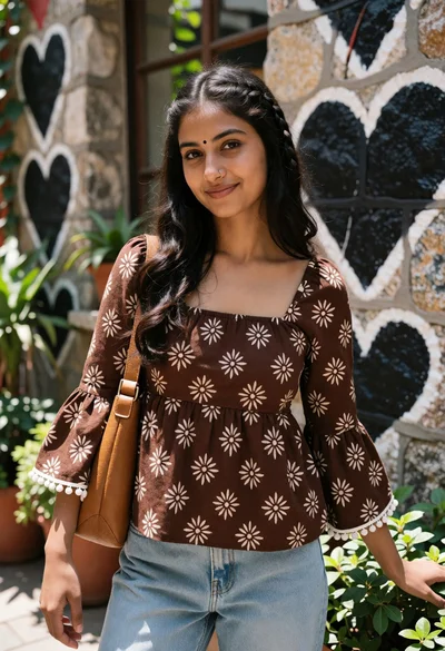 Young woman in patterned blouse standing near stone wall with greenery