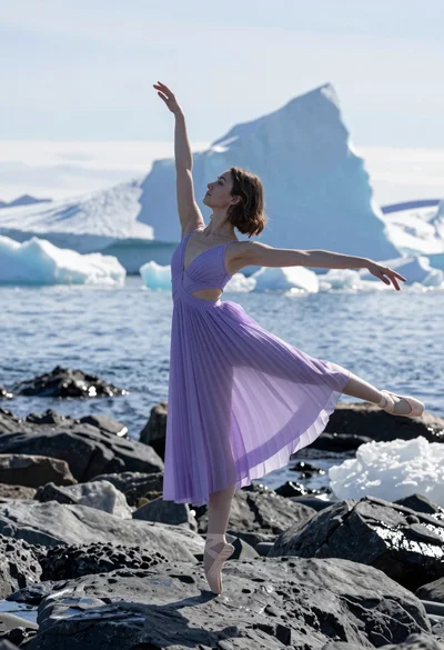 Ballerina en pointe on dark wet rocks near massive icebergs at coast