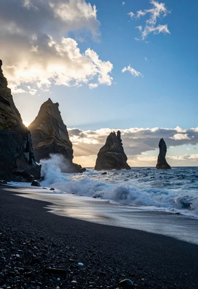 Dramatic coastal landscape with towering sea stacks crashing waves on black sand