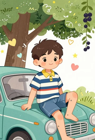 Cheerful young boy sitting on vintage teal car under large decorated tree