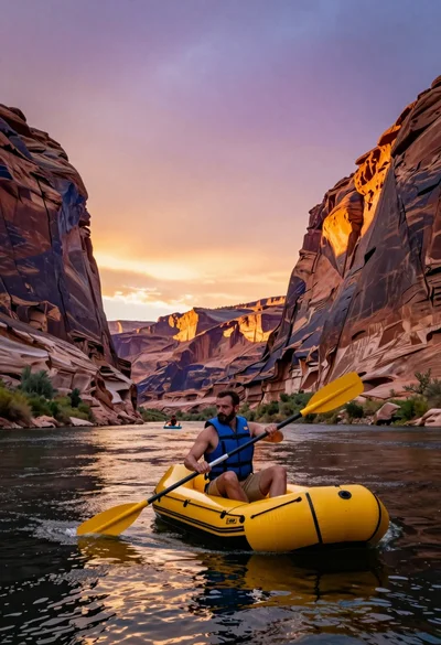 Man paddling yellow raft through massive canyon walls at vibrant sunset