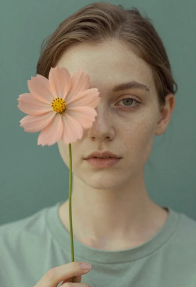 Fair skinned young woman holding peach cosmos flower near face