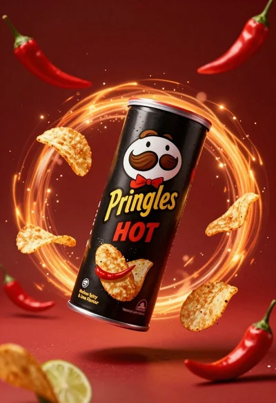 Black pringles can floating in midair with chips and chili peppers against