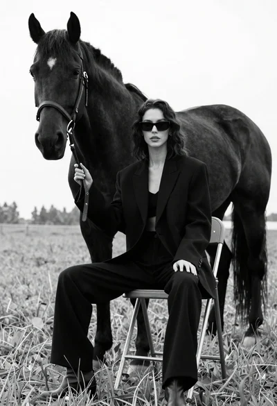 Woman in black outfit sitting on stool with large horse in field