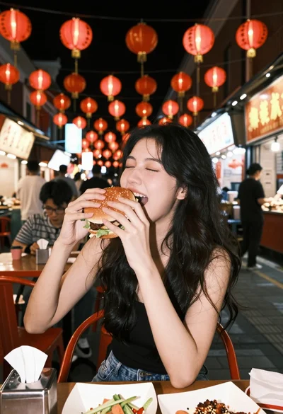 Young woman eating large burger at vibrant night market table setting