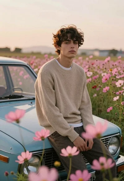 Young man sitting on vintage car hood in pink flower field at