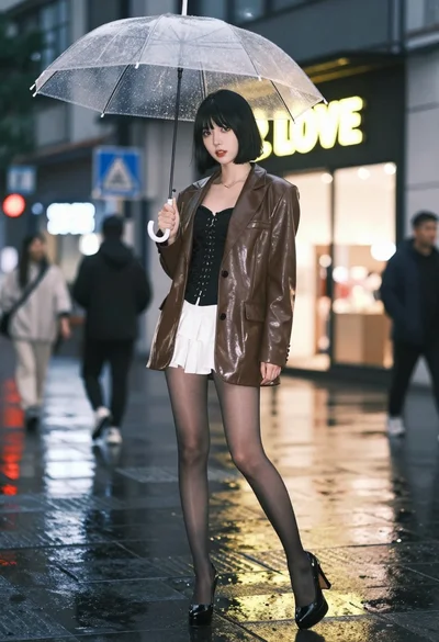 Stylish woman in brown blazer stands on wet city street at night
