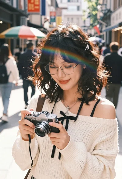 Young woman with glasses holding vintage camera on city street