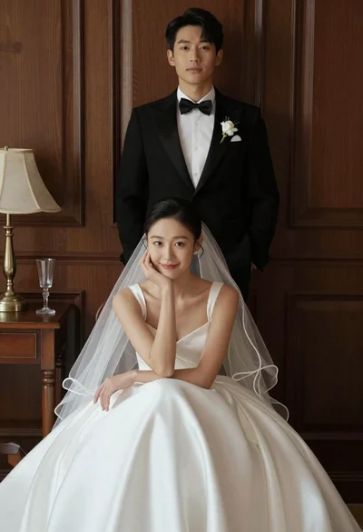Cinematic wedding portrait of bride and groom against dark wood paneling