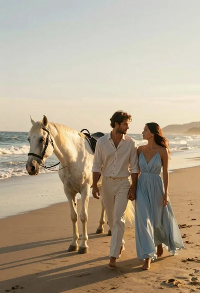 Romantic couple walking on beach with white horse at golden hour