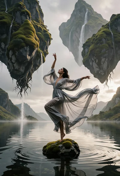 Woman dancing on mossy rock beneath floating inverted mountains in calm lake